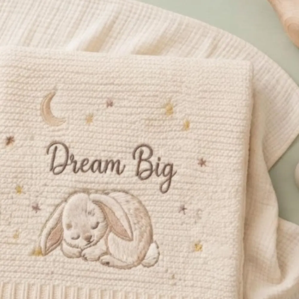 Personalized Baby Blanket with Name, Custom Embroidered Dream Big Bunny Blanket, Moon and Stars Newborn Gift, Boho Baby Keepsake YB1603 - Media 5