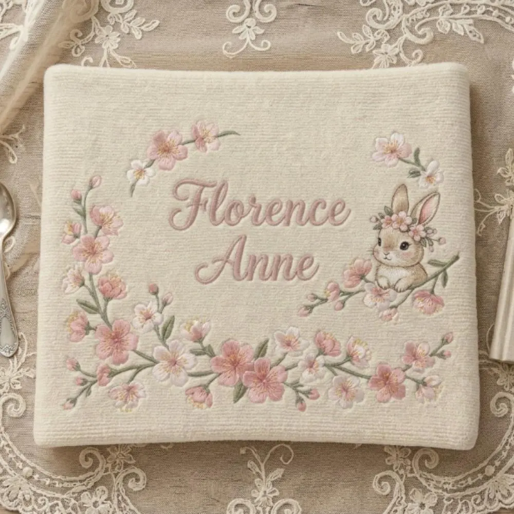 Personalized Baby Girl Blanket with Name, Custom Embroidered Bunny Blanket, Cherry Blossom Floral Newborn Gift, Soft Nursery Keepsake YB1603