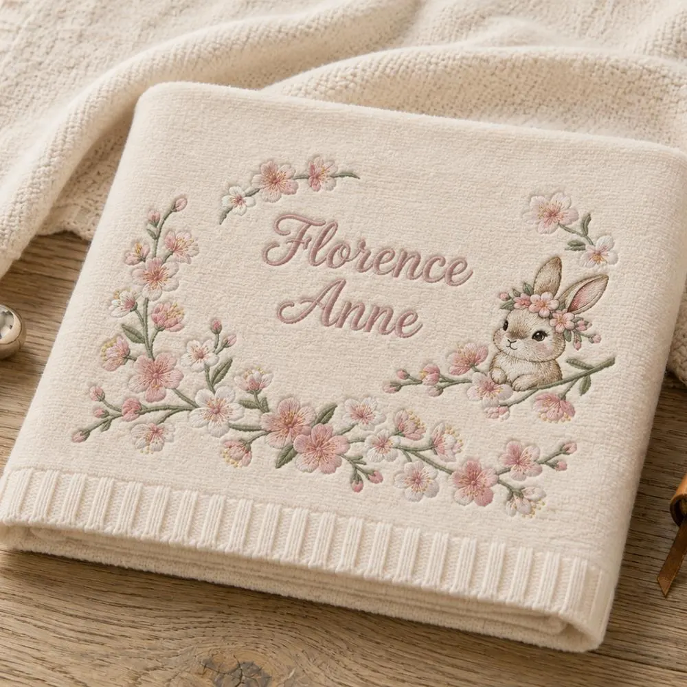 Personalized Baby Girl Blanket with Name, Custom Embroidered Bunny Blanket, Cherry Blossom Floral Newborn Gift, Soft Nursery Keepsake YB1603 - Media 2