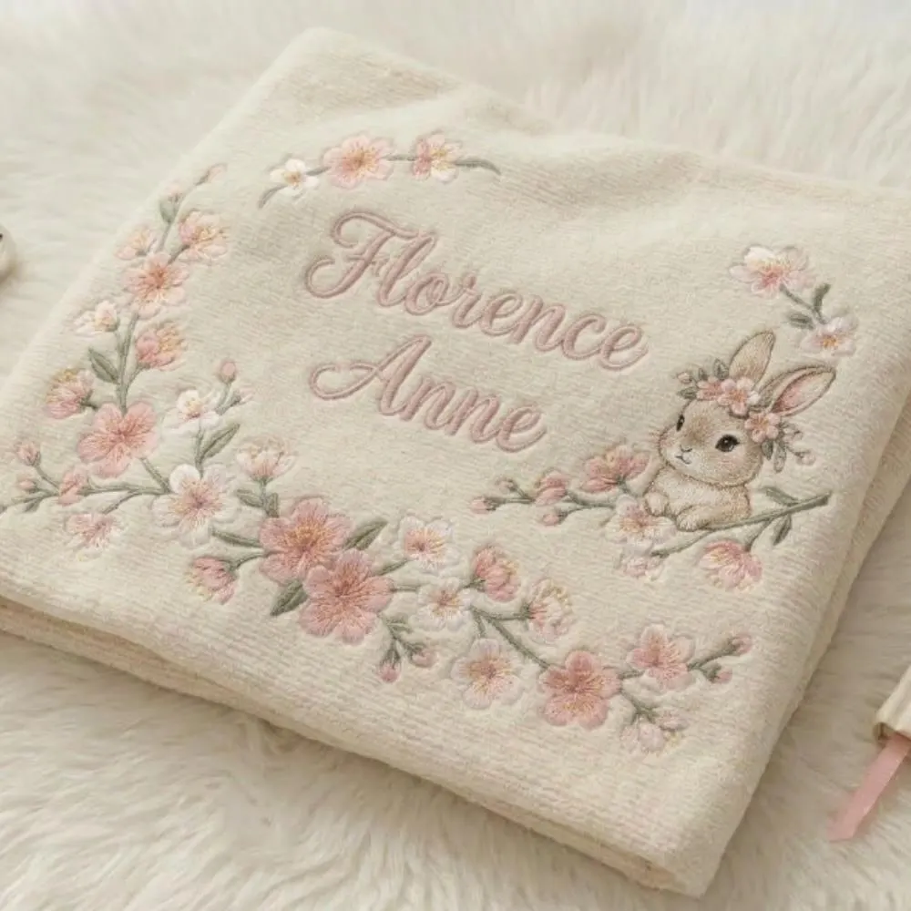 Personalized Baby Girl Blanket with Name, Custom Embroidered Bunny Blanket, Cherry Blossom Floral Newborn Gift, Soft Nursery Keepsake YB1603 - Media 3