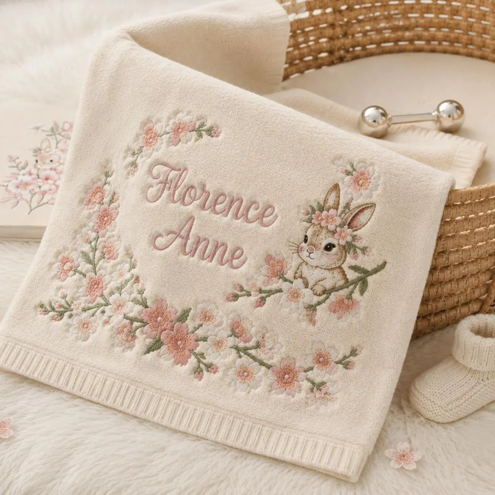 Personalized Baby Girl Blanket with Name, Custom Embroidered Bunny Blanket, Cherry Blossom Floral Newborn Gift, Soft Nursery Keepsake YB1603 - Media 4