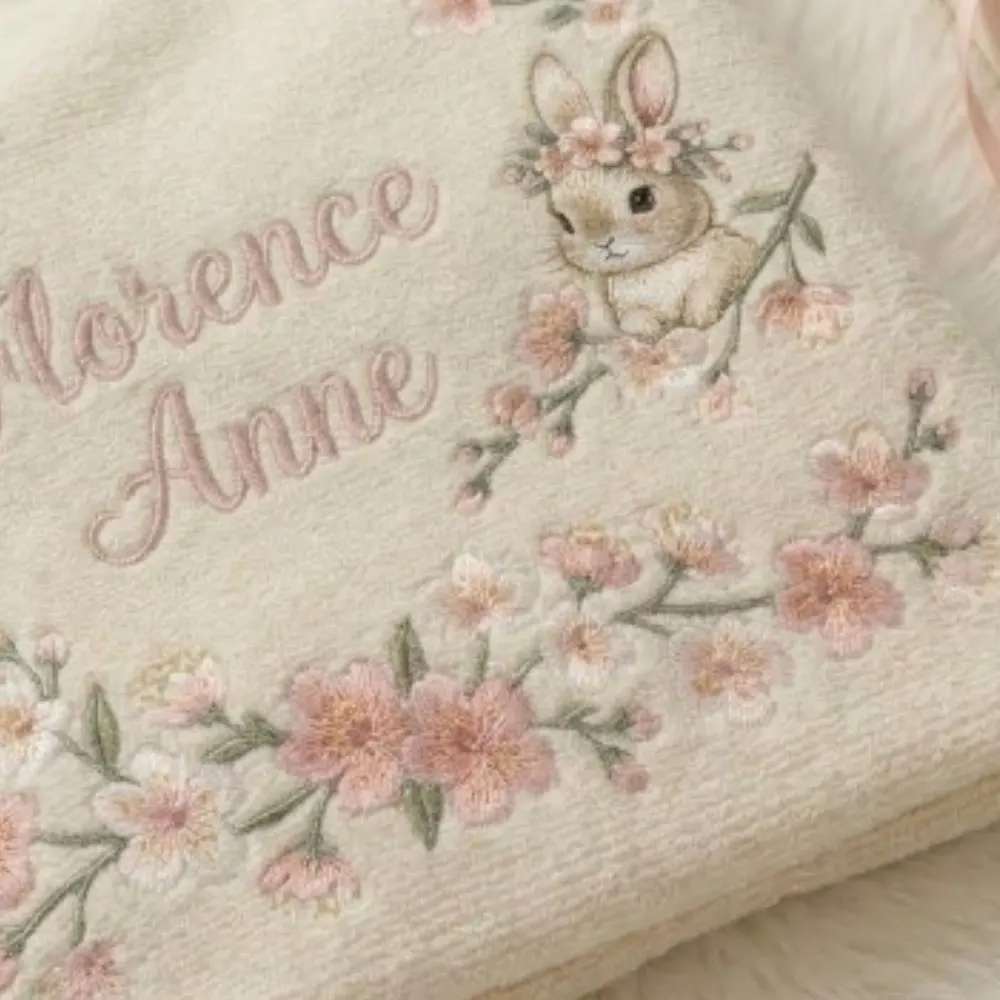 Personalized Baby Girl Blanket with Name, Custom Embroidered Bunny Blanket, Cherry Blossom Floral Newborn Gift, Soft Nursery Keepsake YB1603 - Media 5