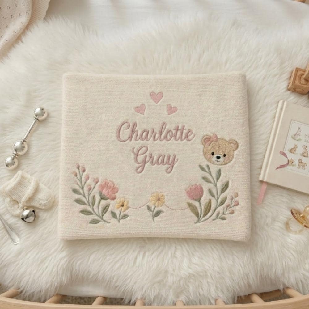 Personalized Baby Blanket with Name, Custom Embroidered Floral Bear Blanket, Newborn Baby Shower Gift, Soft Nursery Bedding YB1603