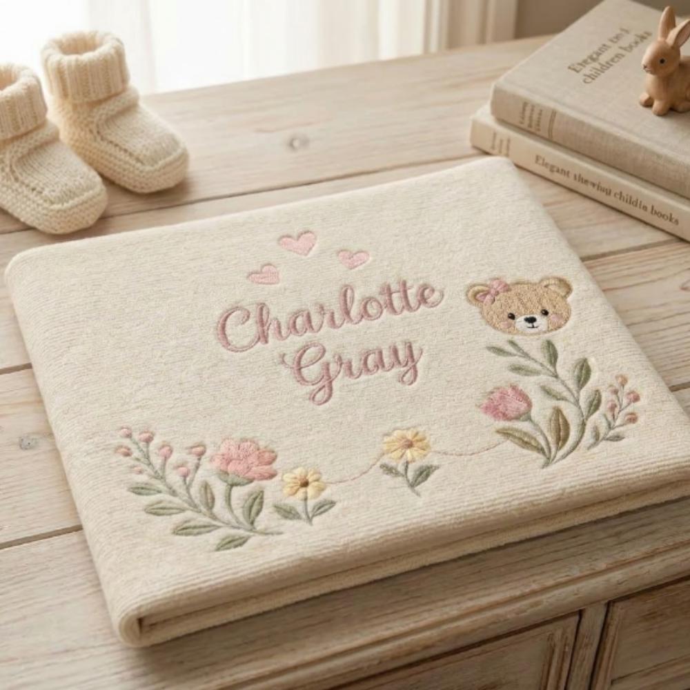 Personalized Baby Blanket with Name, Custom Embroidered Floral Bear Blanket, Newborn Baby Shower Gift, Soft Nursery Bedding YB1603 - Media 2