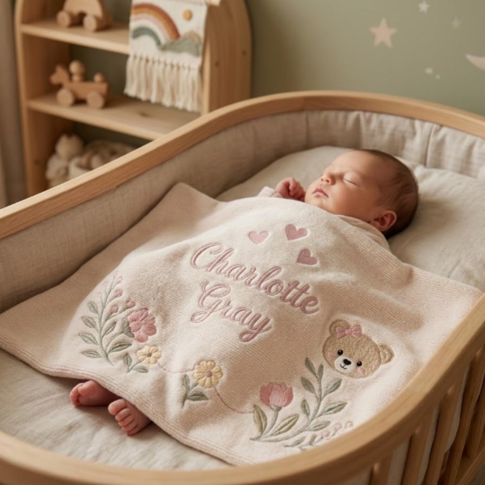 Personalized Baby Blanket with Name, Custom Embroidered Floral Bear Blanket, Newborn Baby Shower Gift, Soft Nursery Bedding YB1603 - Media 4