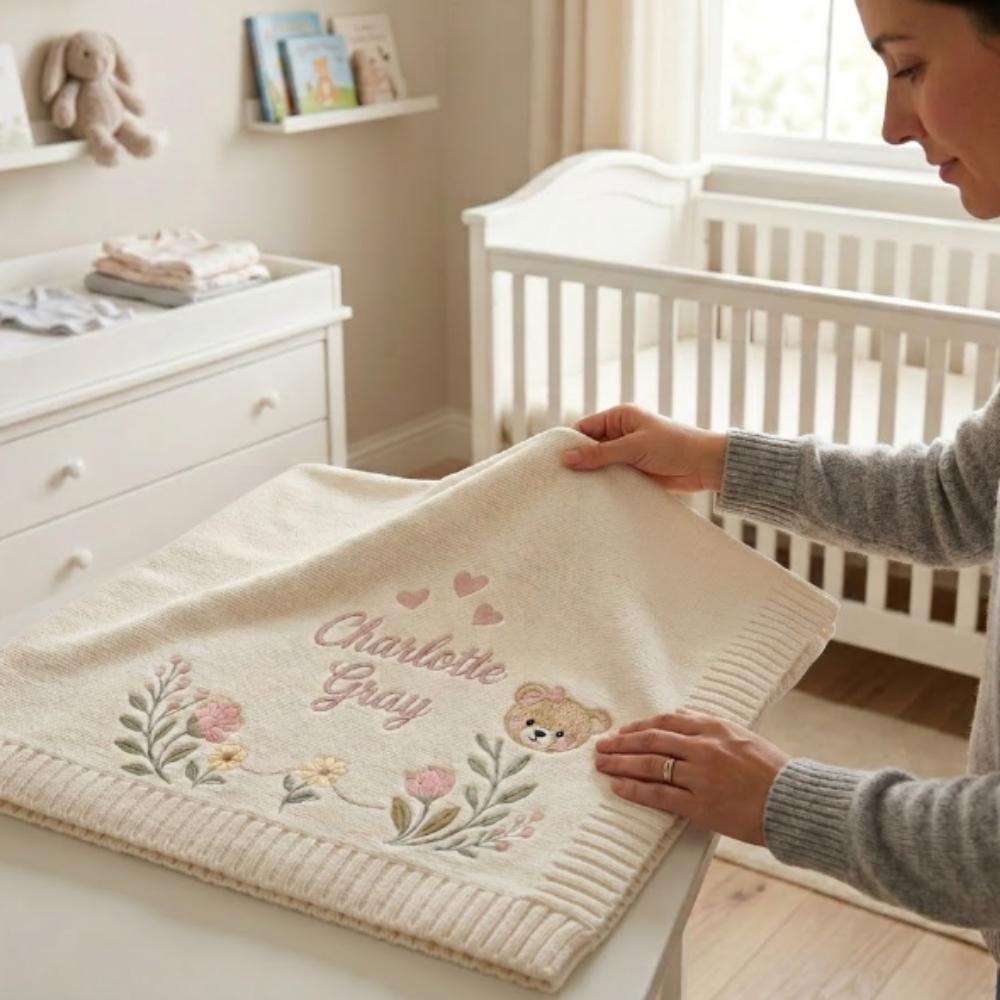 Personalized Baby Blanket with Name, Custom Embroidered Floral Bear Blanket, Newborn Baby Shower Gift, Soft Nursery Bedding YB1603 - Media 5