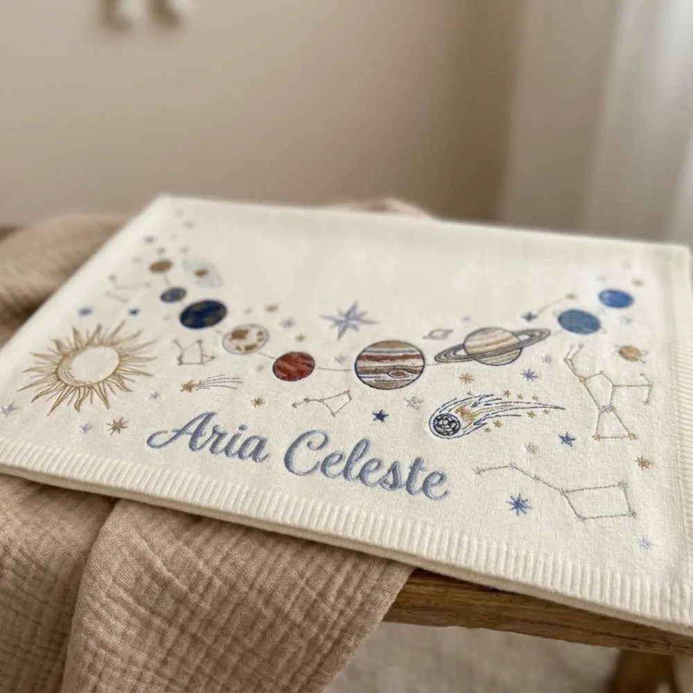 Personalized Solar System Baby Blanket, Custom Name Space & Planets Embroidered Blanket, Celestial Newborn Gift, Galaxy Nursery Decor YB1603 - Media 2