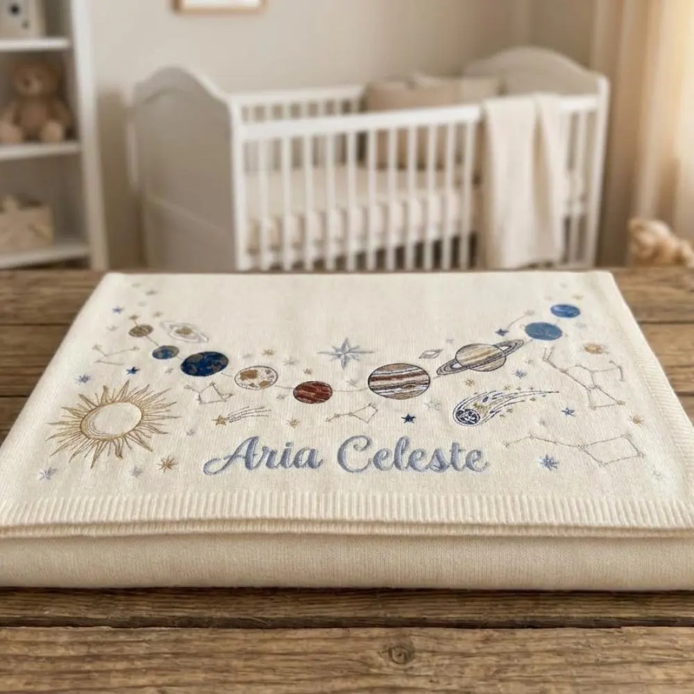 Personalized Solar System Baby Blanket, Custom Name Space & Planets Embroidered Blanket, Celestial Newborn Gift, Galaxy Nursery Decor YB1603 - Media 4