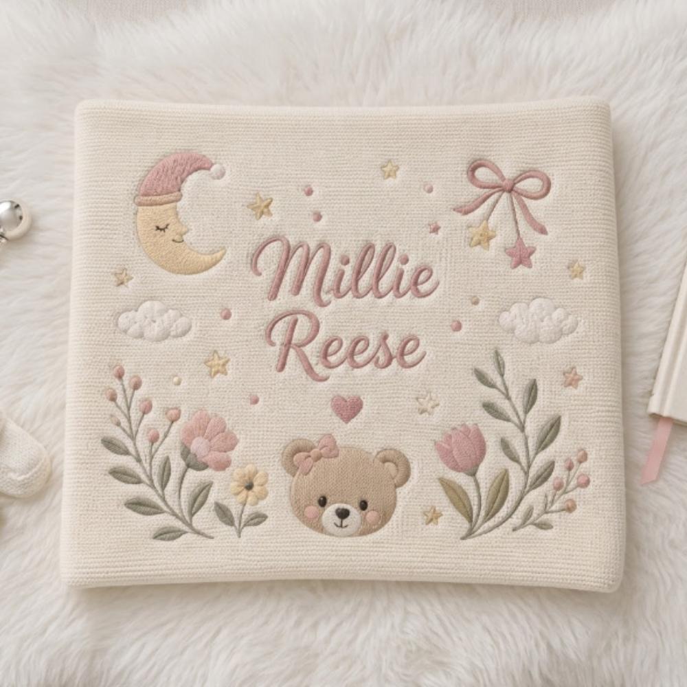 Personalized Baby Girl Blanket with Name, Custom Embroidered Teddy Bear and Floral Blanket, Newborn Girl Gift, Dusty Pink YB1603