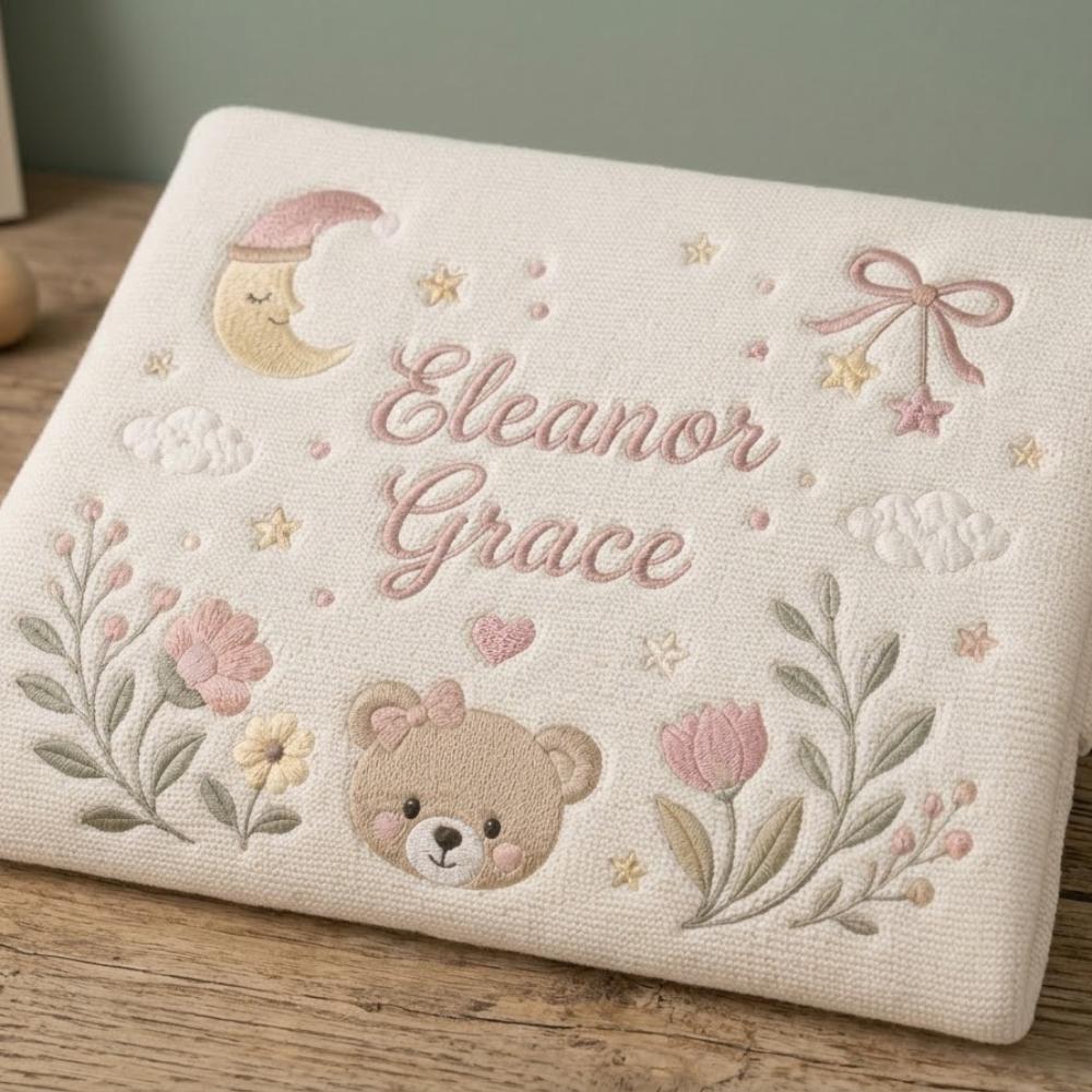 Personalized Baby Girl Blanket with Name, Custom Embroidered Teddy Bear and Floral Blanket, Newborn Girl Gift, Dusty Pink YB1603 - Media 2