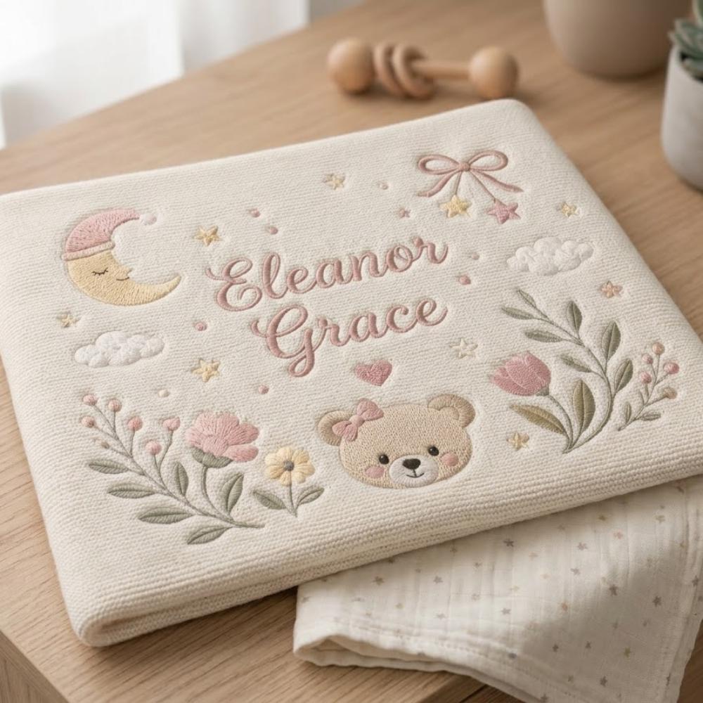 Personalized Baby Girl Blanket with Name, Custom Embroidered Teddy Bear and Floral Blanket, Newborn Girl Gift, Dusty Pink YB1603 - Media 3