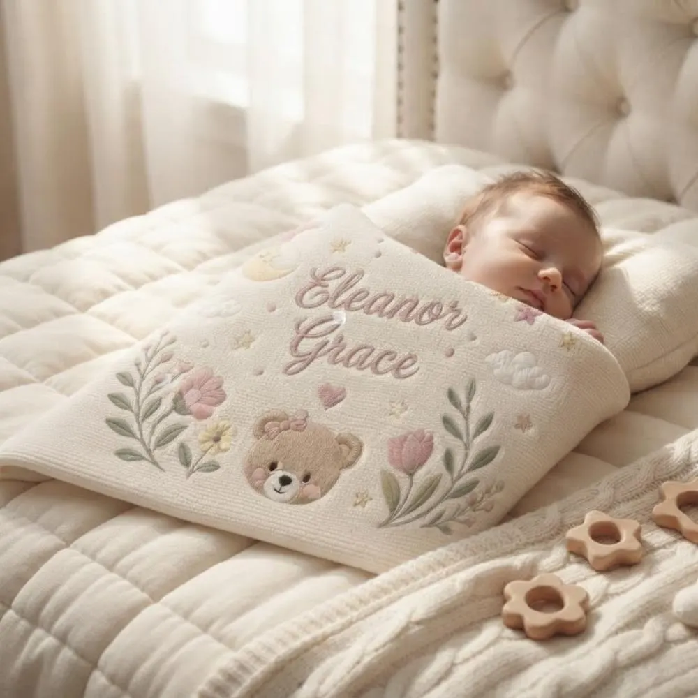Personalized Baby Girl Blanket with Name, Custom Embroidered Teddy Bear and Floral Blanket, Newborn Girl Gift, Dusty Pink YB1603 - Media 4