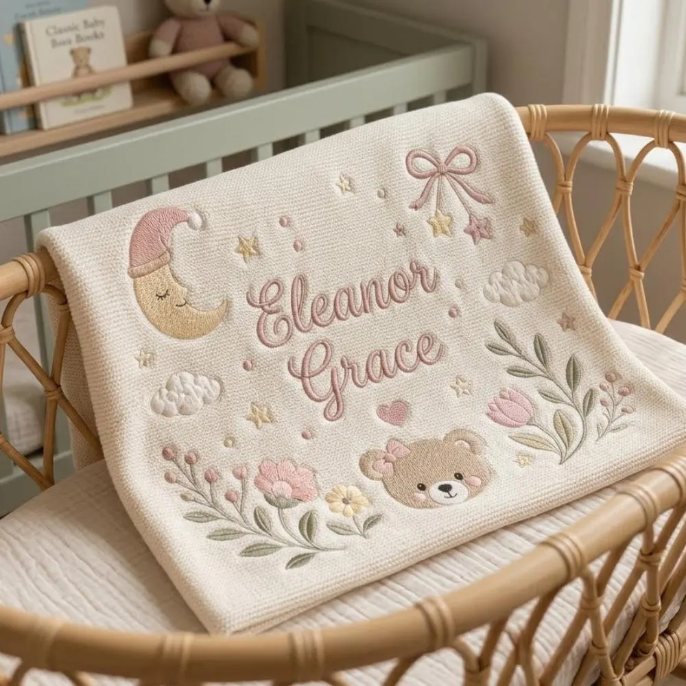 Personalized Baby Girl Blanket with Name, Custom Embroidered Teddy Bear and Floral Blanket, Newborn Girl Gift, Dusty Pink YB1603 - Media 5