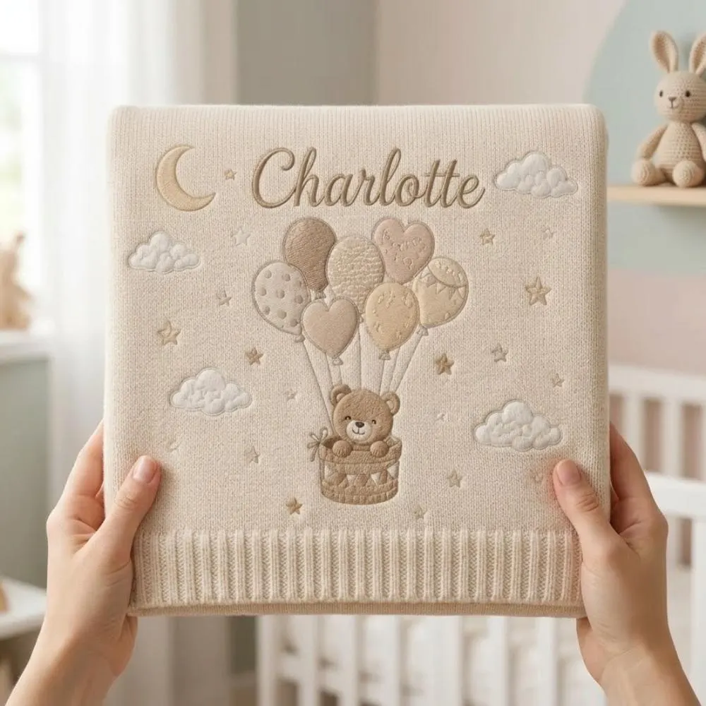 Personalized Baby Blanket with Name, Custom Teddy Bear Hot Air Balloon Blanket, Embroidered Newborn Gift, Neutral Beige Nursery Decor YB1603