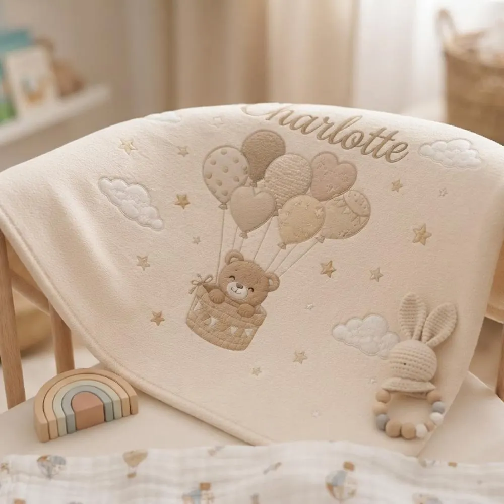 Personalized Baby Blanket with Name, Custom Teddy Bear Hot Air Balloon Blanket, Embroidered Newborn Gift, Neutral Beige Nursery Decor YB1603 - Media 2