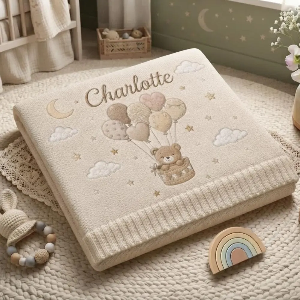 Personalized Baby Blanket with Name, Custom Teddy Bear Hot Air Balloon Blanket, Embroidered Newborn Gift, Neutral Beige Nursery Decor YB1603 - Media 3