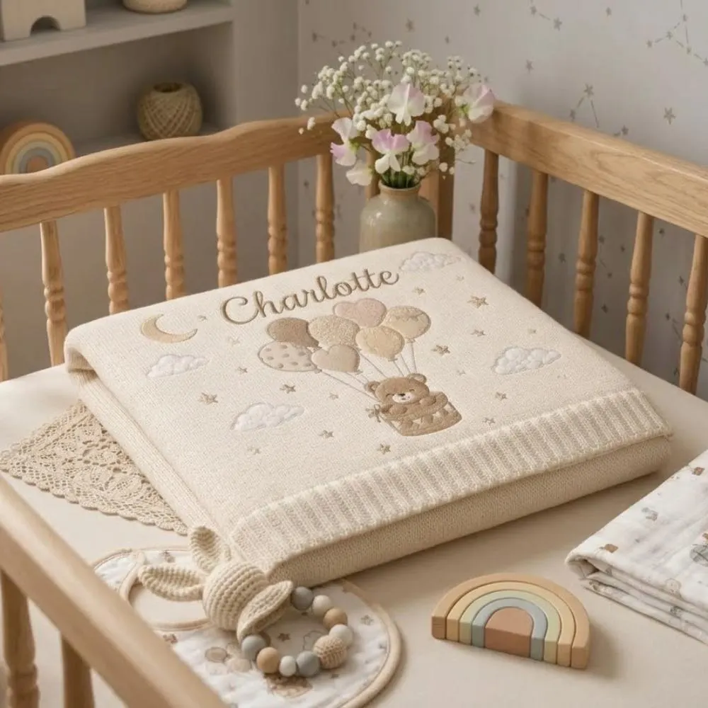 Personalized Baby Blanket with Name, Custom Teddy Bear Hot Air Balloon Blanket, Embroidered Newborn Gift, Neutral Beige Nursery Decor YB1603 - Media 4
