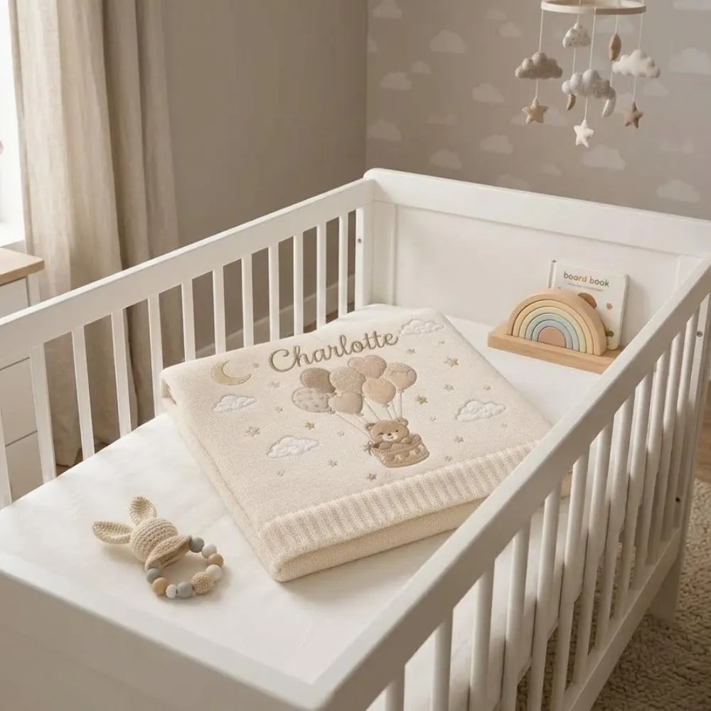 Personalized Baby Blanket with Name, Custom Teddy Bear Hot Air Balloon Blanket, Embroidered Newborn Gift, Neutral Beige Nursery Decor YB1603 - Media 5
