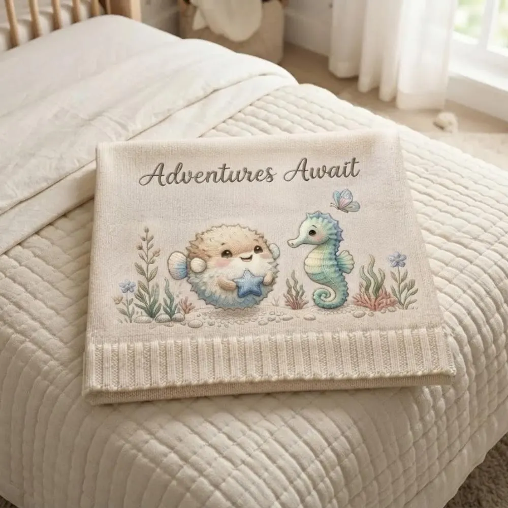 Adventures Await Baby Blanket, Under the Sea Nursery Decor, Seahorse Blanket, Gender Neutral Baby Shower Gift, Nautical Swaddle YB1603