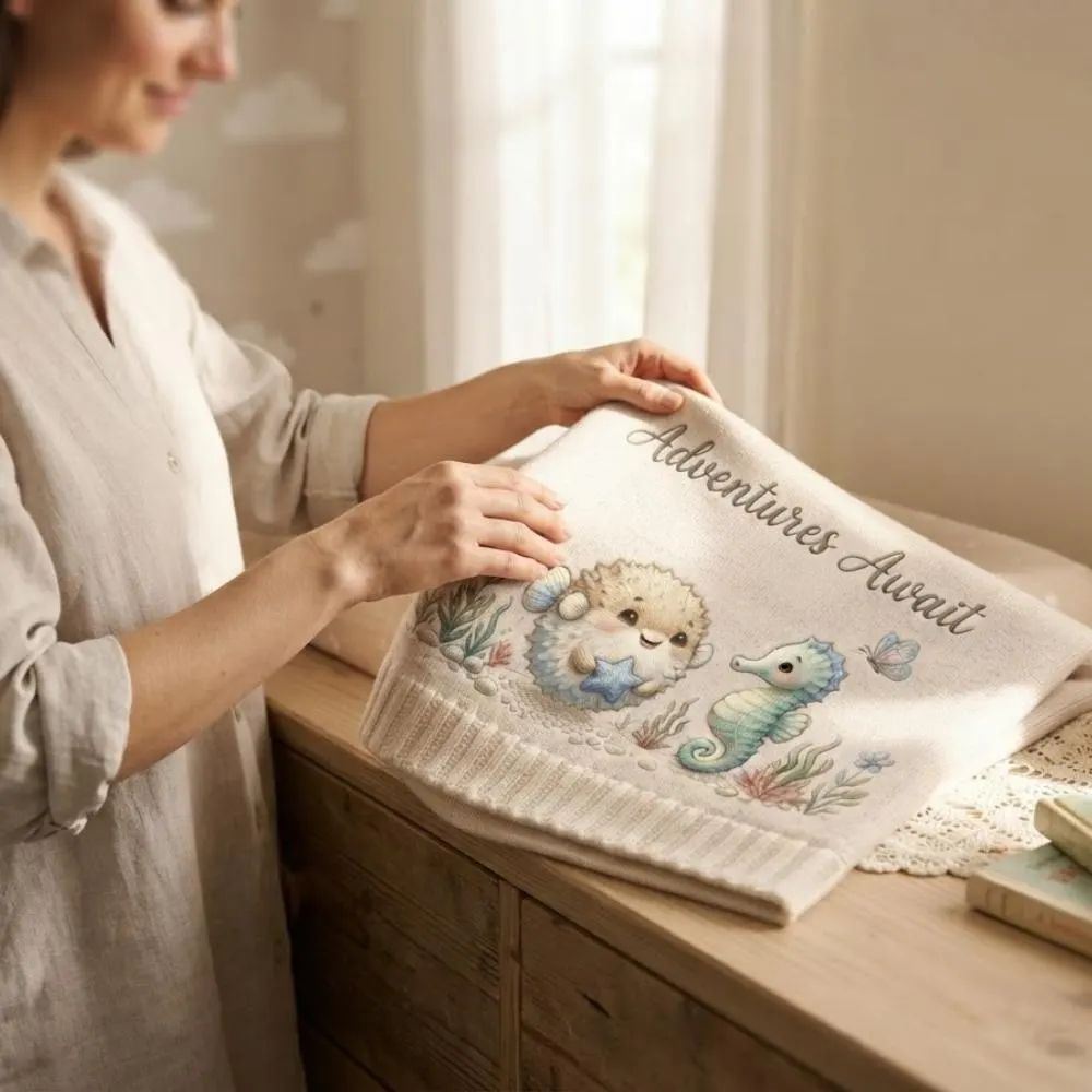 Adventures Await Baby Blanket, Under the Sea Nursery Decor, Seahorse Blanket, Gender Neutral Baby Shower Gift, Nautical Swaddle YB1603 - Media 2