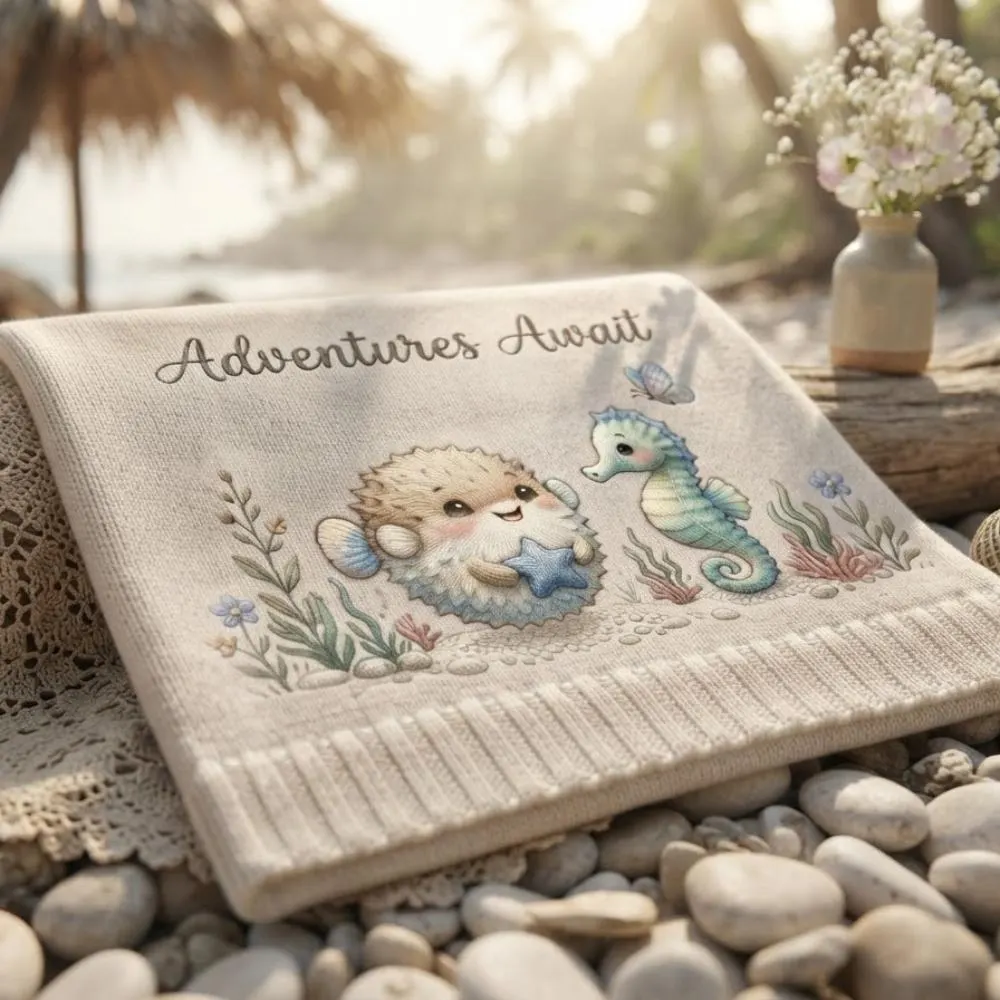 Adventures Await Baby Blanket, Under the Sea Nursery Decor, Seahorse Blanket, Gender Neutral Baby Shower Gift, Nautical Swaddle YB1603 - Media 3