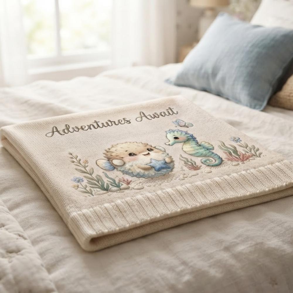 Adventures Await Baby Blanket, Under the Sea Nursery Decor, Seahorse Blanket, Gender Neutral Baby Shower Gift, Nautical Swaddle YB1603 - Media 4