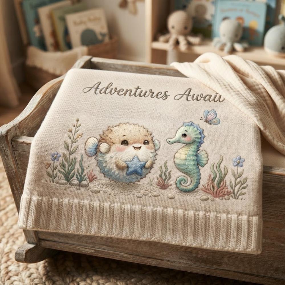 Adventures Await Baby Blanket, Under the Sea Nursery Decor, Seahorse Blanket, Gender Neutral Baby Shower Gift, Nautical Swaddle YB1603 - Media 5