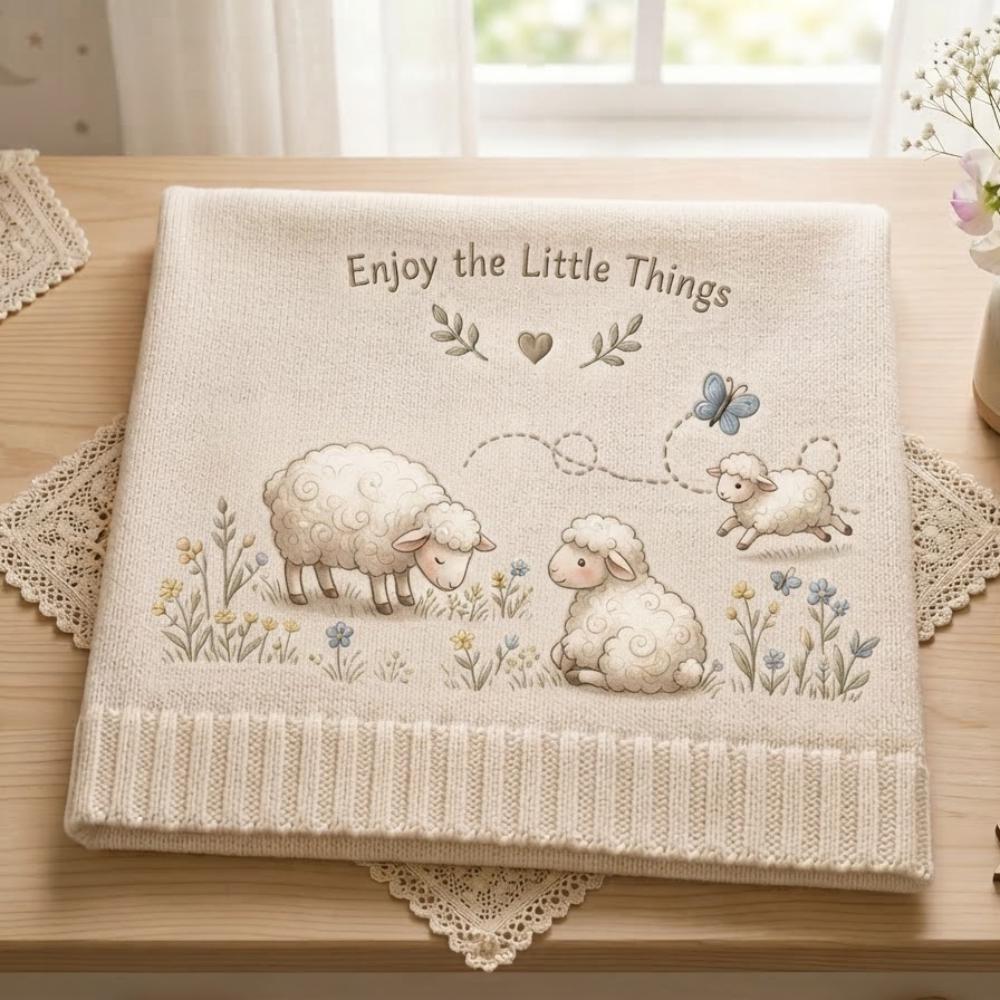 Enjoy the Little Things Baby Blanket, Neutral Sheep & Lamb Nursery Decor, Soft Farmhouse Meadow Blanket, Gender Neutral Baby Shower YB1603