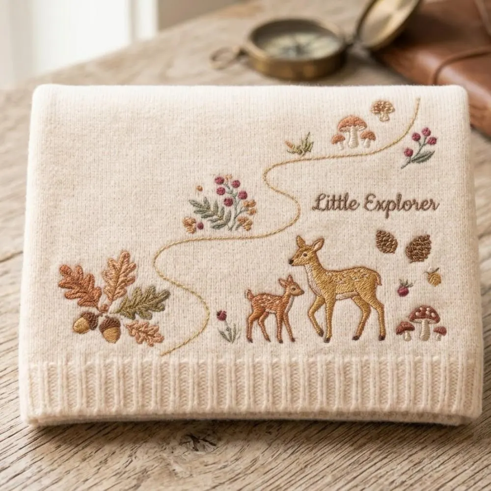 Embroidered Woodland Baby Blanket, Little Explorer Deer and Fawn Nursery Decor, Gender Neutral Forest Animal Baby Gift YB1603