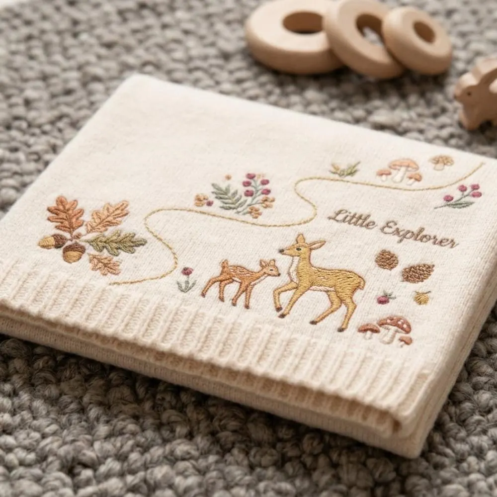 Embroidered Woodland Baby Blanket, Little Explorer Deer and Fawn Nursery Decor, Gender Neutral Forest Animal Baby Gift YB1603 - Media 2