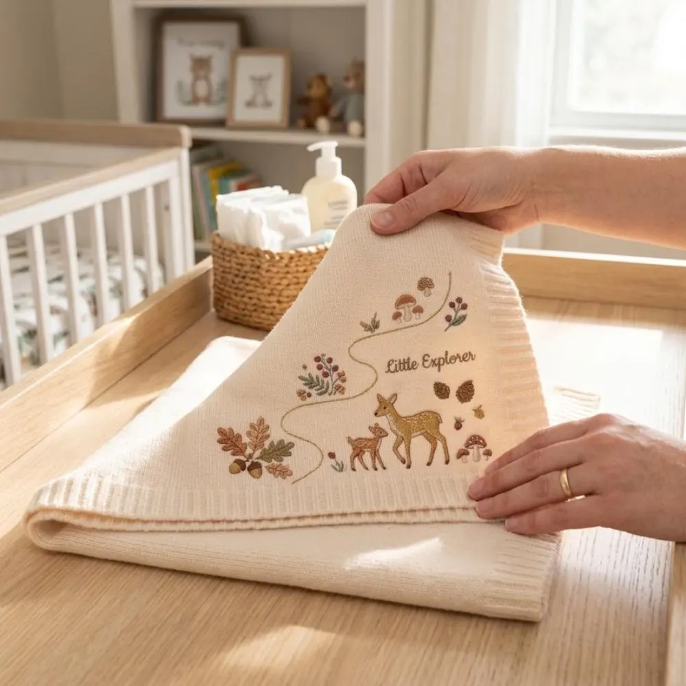 Embroidered Woodland Baby Blanket, Little Explorer Deer and Fawn Nursery Decor, Gender Neutral Forest Animal Baby Gift YB1603 - Media 3