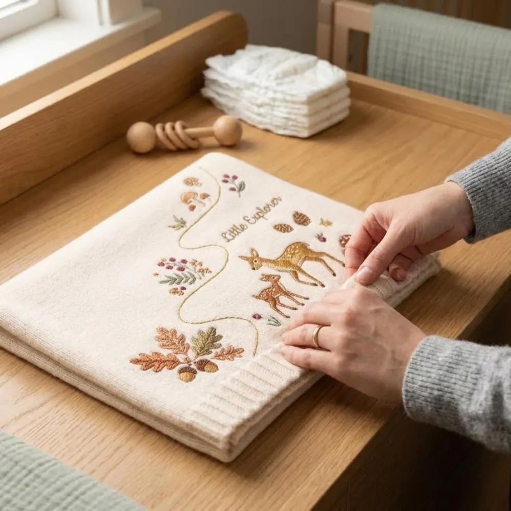 Embroidered Woodland Baby Blanket, Little Explorer Deer and Fawn Nursery Decor, Gender Neutral Forest Animal Baby Gift YB1603 - Media 4