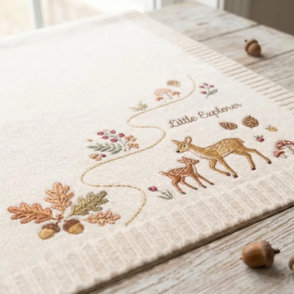 Embroidered Woodland Baby Blanket, Little Explorer Deer and Fawn Nursery Decor, Gender Neutral Forest Animal Baby Gift YB1603 - Media 5
