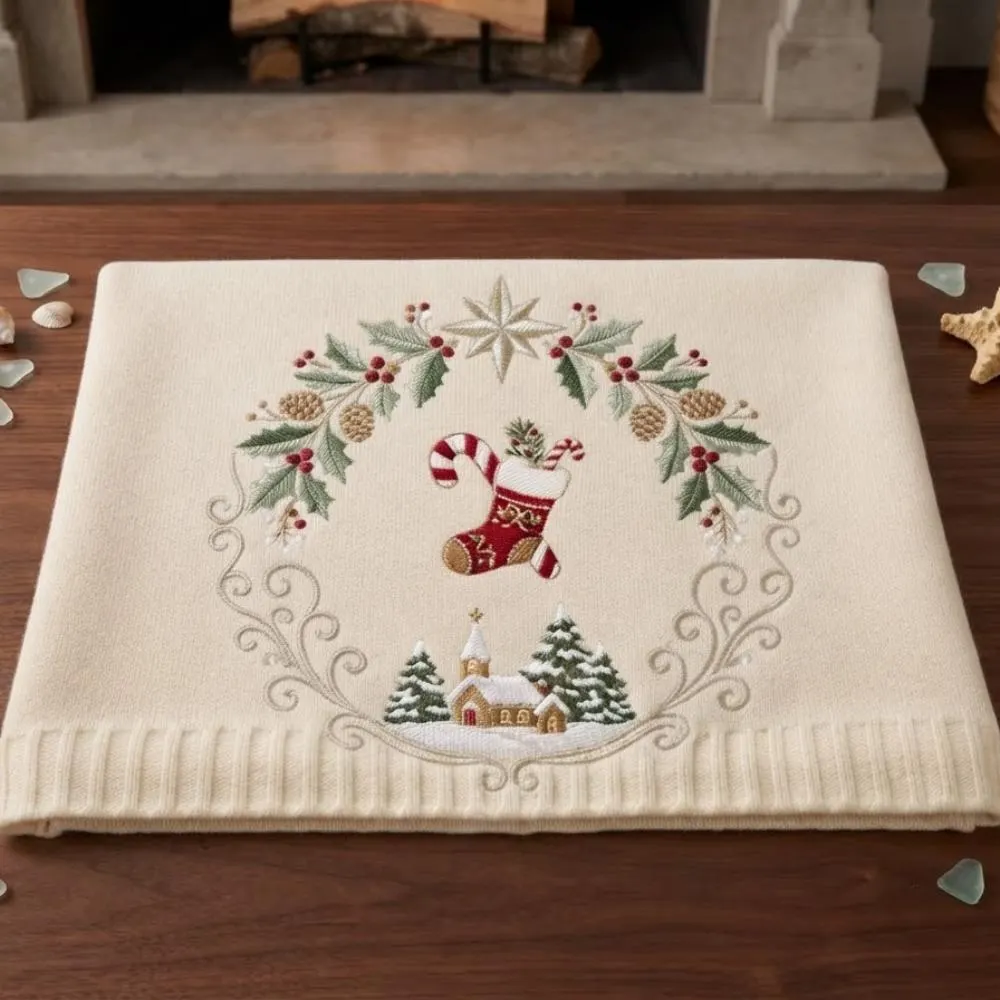 Christmas Embroidered Throw Blanket, Holiday Wreath Knit Blanket, Winter Snowy Cabin Decor, Traditional Xmas Gift YB1603 - Media 2