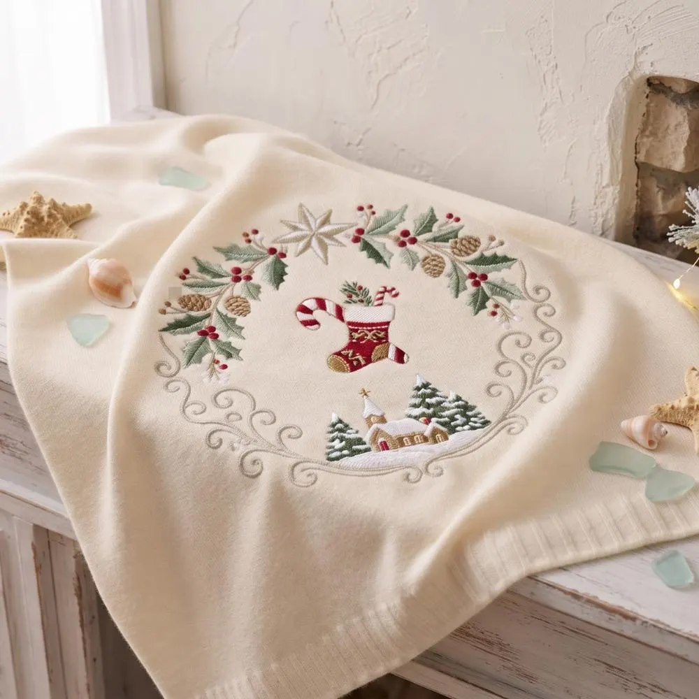 Christmas Embroidered Throw Blanket, Holiday Wreath Knit Blanket, Winter Snowy Cabin Decor, Traditional Xmas Gift YB1603 - Media 3