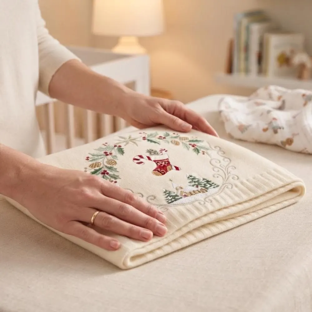 Christmas Embroidered Throw Blanket, Holiday Wreath Knit Blanket, Winter Snowy Cabin Decor, Traditional Xmas Gift YB1603 - Media 4