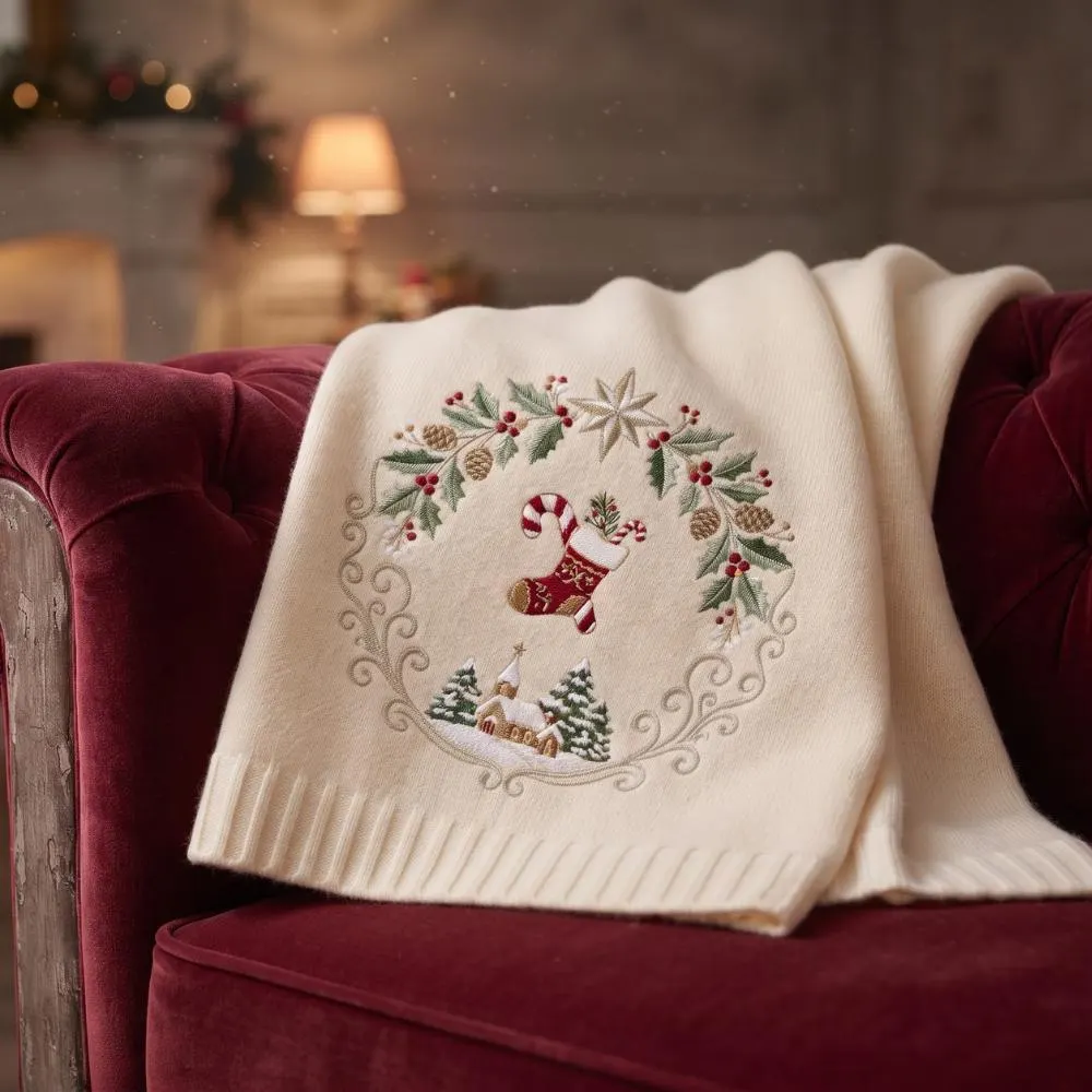 Christmas Embroidered Throw Blanket, Holiday Wreath Knit Blanket, Winter Snowy Cabin Decor, Traditional Xmas Gift YB1603 - Media 5