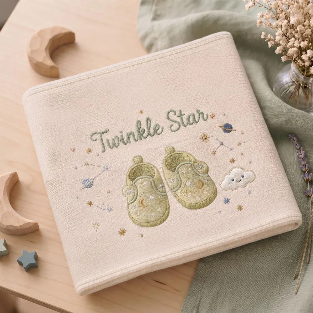 Twinkle Star Embroidered Baby Blanket, Celestial Sage Green Nursery Decor, Gender Neutral Baby Gift, Planet Baby Shower Present YB1603