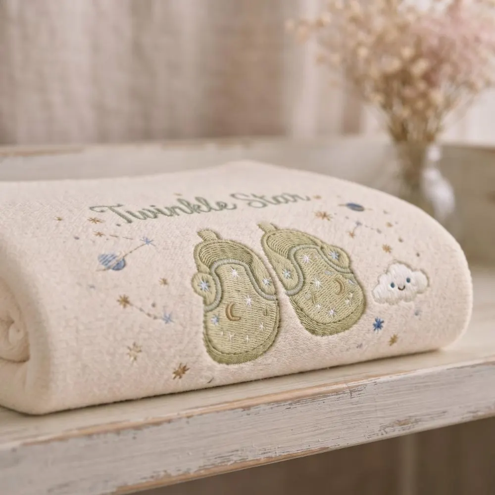 Twinkle Star Embroidered Baby Blanket, Celestial Sage Green Nursery Decor, Gender Neutral Baby Gift, Planet Baby Shower Present YB1603 - Media 2