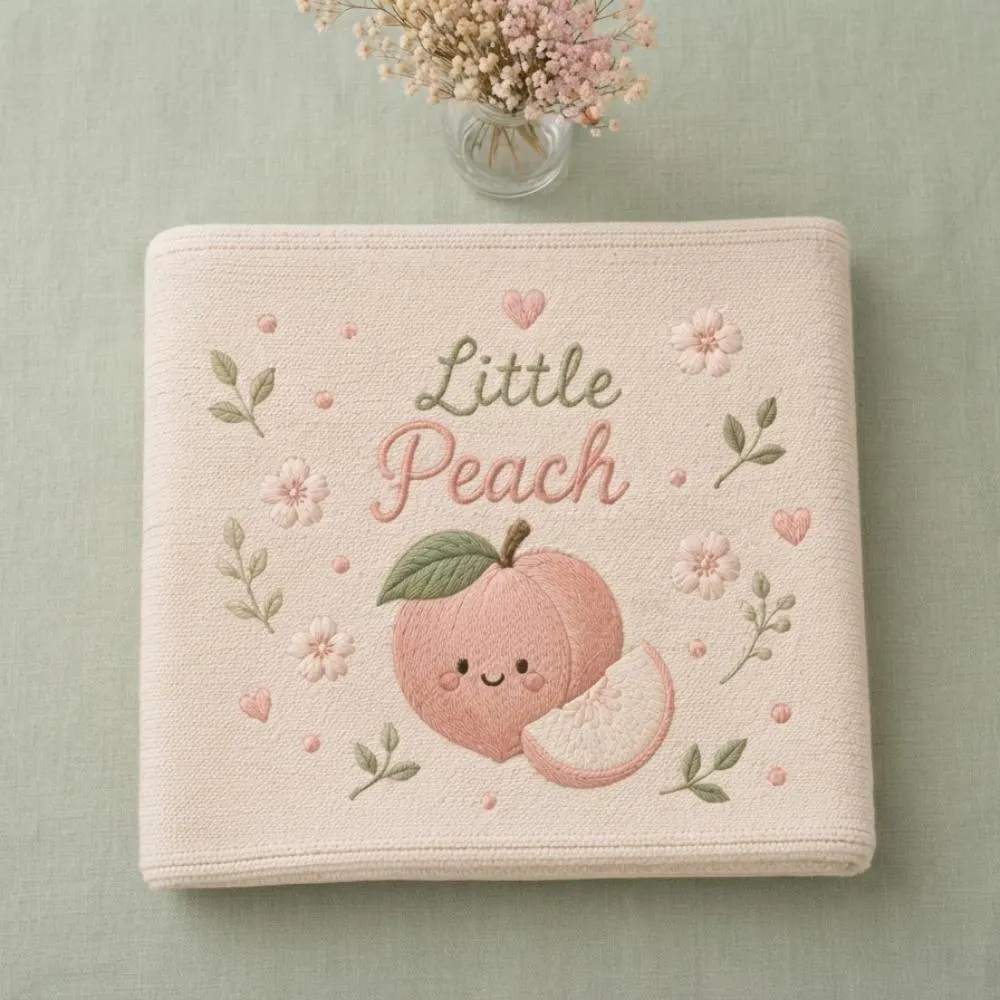 Embroidered Little Peach Baby Blanket, Sweet Peach Nursery Decor, Newborn Girl Gift, Personalized Fruit Theme Knit Blanket YB1603 - Media 2