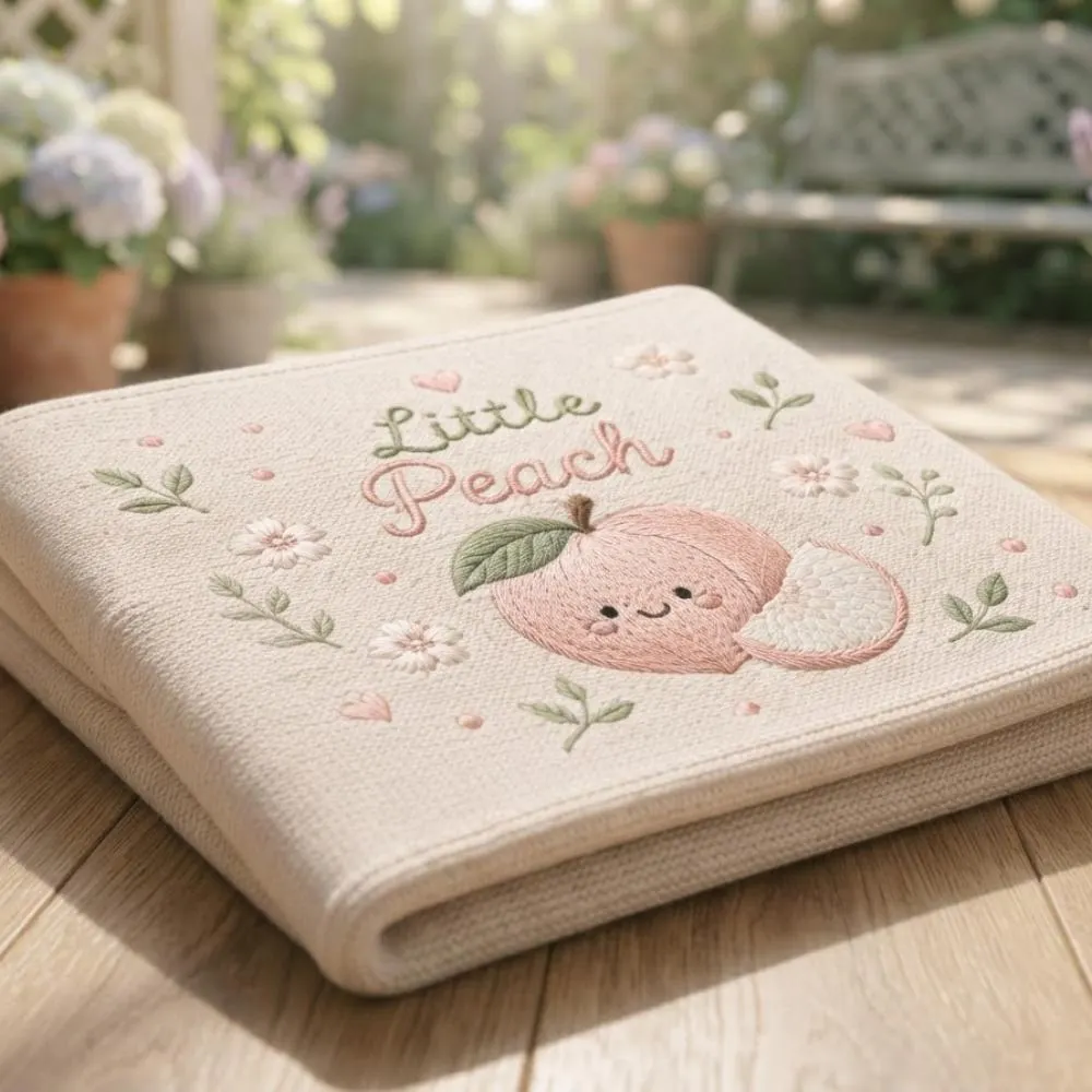 Embroidered Little Peach Baby Blanket, Sweet Peach Nursery Decor, Newborn Girl Gift, Personalized Fruit Theme Knit Blanket YB1603 - Media 3