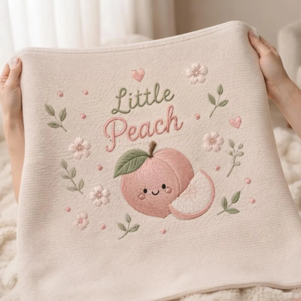 Embroidered Little Peach Baby Blanket, Sweet Peach Nursery Decor, Newborn Girl Gift, Personalized Fruit Theme Knit Blanket YB1603 - Media 5