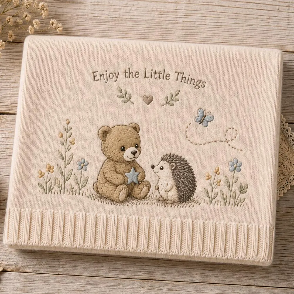 Embroidered Baby Blanket with Teddy Bear and Hedgehog, "Enjoy the Little Things" Knit Throw, Woodland Nursery Decor, Baby Shower Gift YB1603