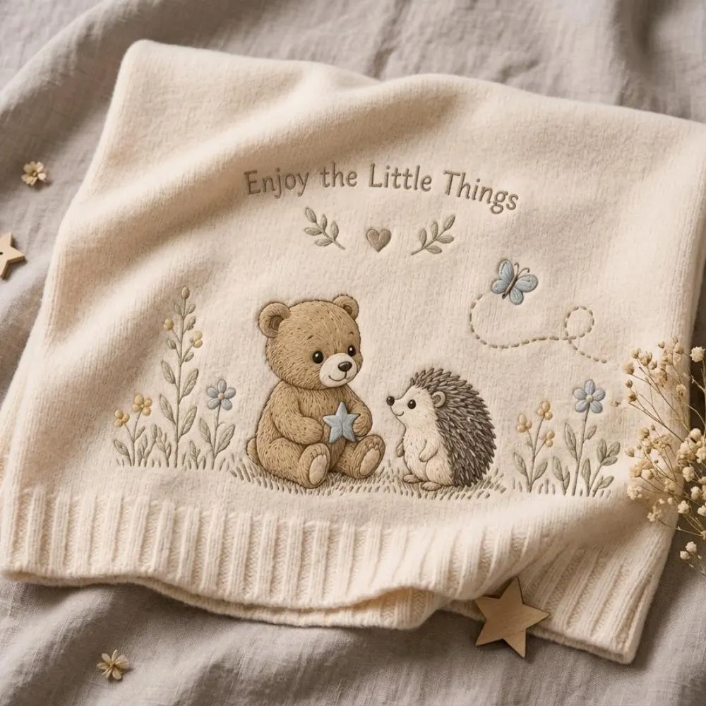 Embroidered Baby Blanket with Teddy Bear and Hedgehog, "Enjoy the Little Things" Knit Throw, Woodland Nursery Decor, Baby Shower Gift YB1603 - Media 2