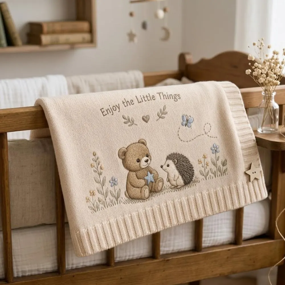 Embroidered Baby Blanket with Teddy Bear and Hedgehog, "Enjoy the Little Things" Knit Throw, Woodland Nursery Decor, Baby Shower Gift YB1603 - Media 3