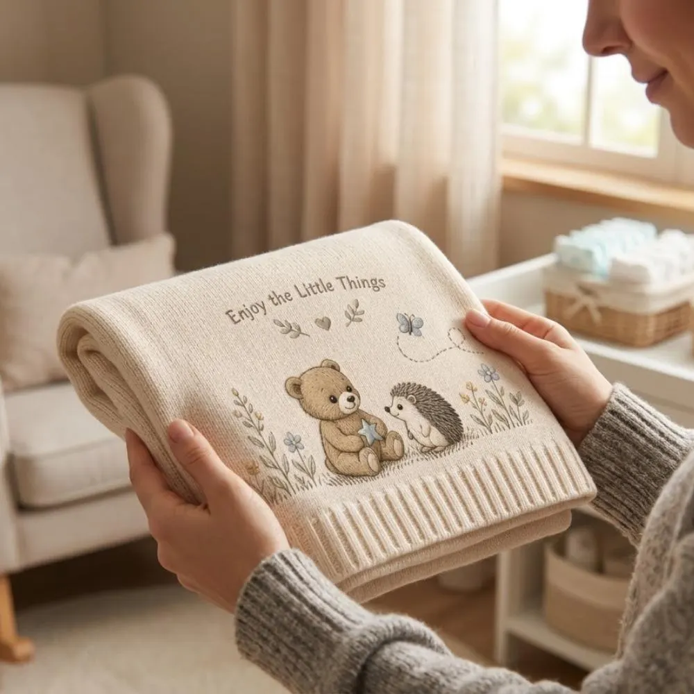 Embroidered Baby Blanket with Teddy Bear and Hedgehog, "Enjoy the Little Things" Knit Throw, Woodland Nursery Decor, Baby Shower Gift YB1603 - Media 4