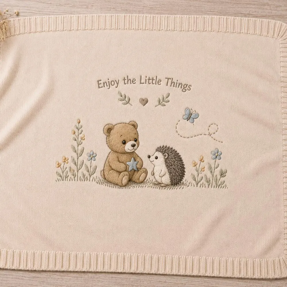 Embroidered Baby Blanket with Teddy Bear and Hedgehog, "Enjoy the Little Things" Knit Throw, Woodland Nursery Decor, Baby Shower Gift YB1603 - Media 5