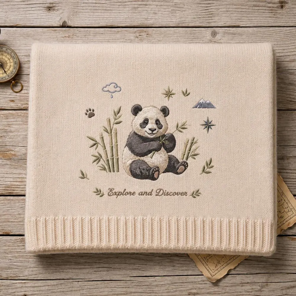 Embroidered Panda Baby Blanket, "Explore and Discover" Knit Throw, Bamboo Bear Adventure Nursery Decor, Personalized New Baby Gift YB1603