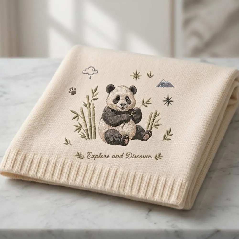 Embroidered Panda Baby Blanket, "Explore and Discover" Knit Throw, Bamboo Bear Adventure Nursery Decor, Personalized New Baby Gift YB1603 - Media 2