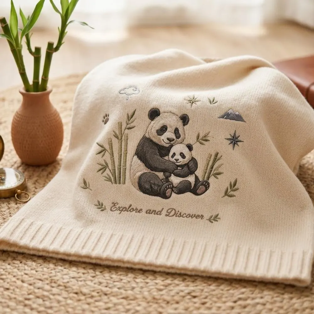Embroidered Panda Baby Blanket, "Explore and Discover" Knit Throw, Bamboo Bear Adventure Nursery Decor, Personalized New Baby Gift YB1603 - Media 3